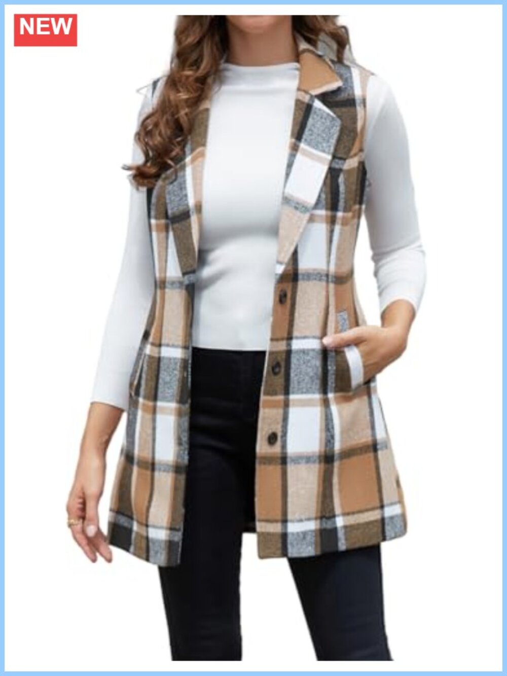 Women's Plaid Sleeveless Vest Wool Blazer Jacket Long